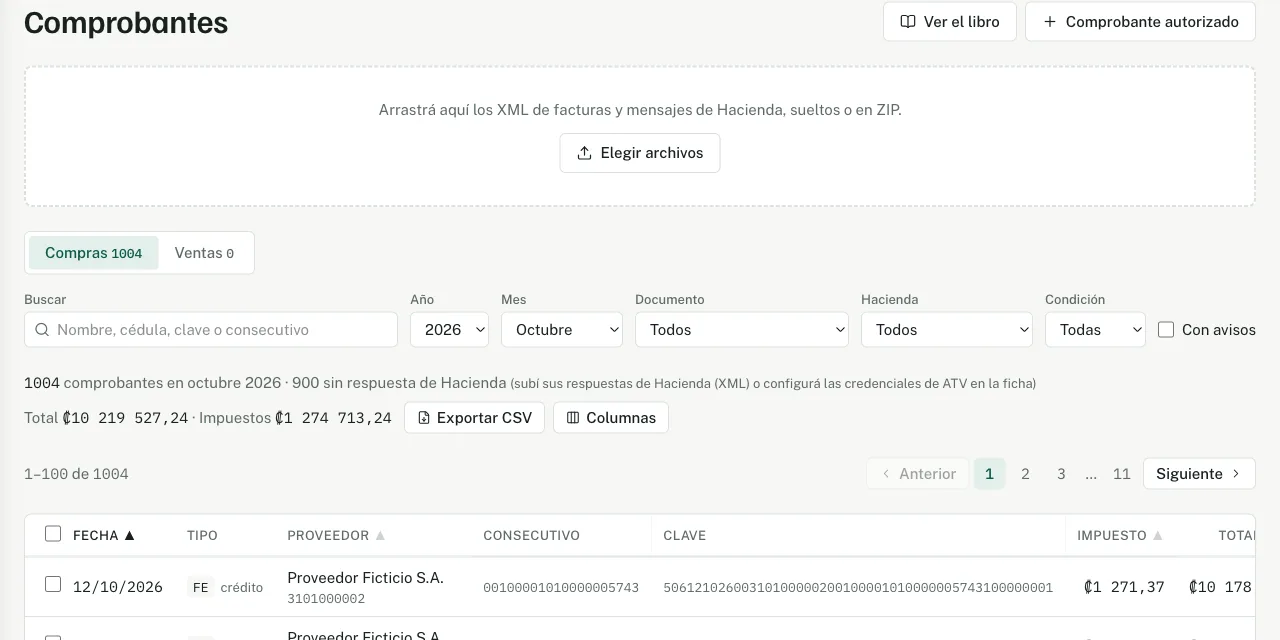 Lista de comprobantes de un cliente con filtros, totales del mes y la zona para arrastrar XML