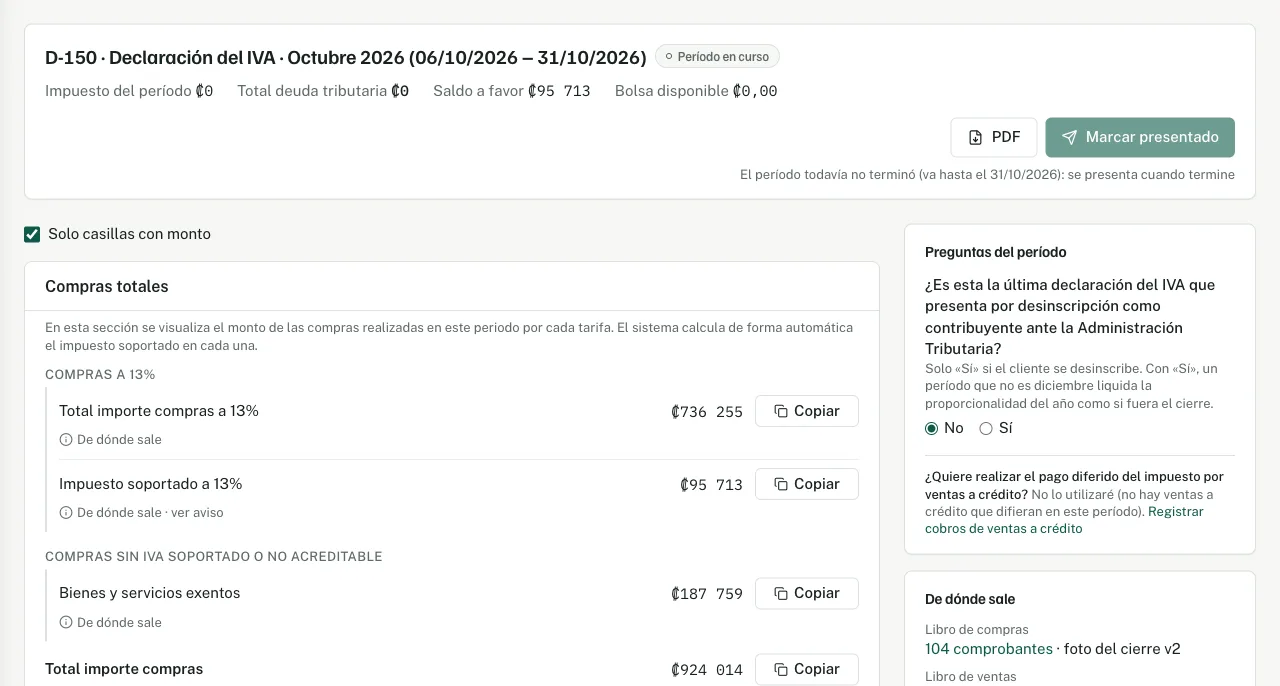 Formulario D-150 de octubre: casillas de compras con su monto y el botón Copiar, en el orden de OVI