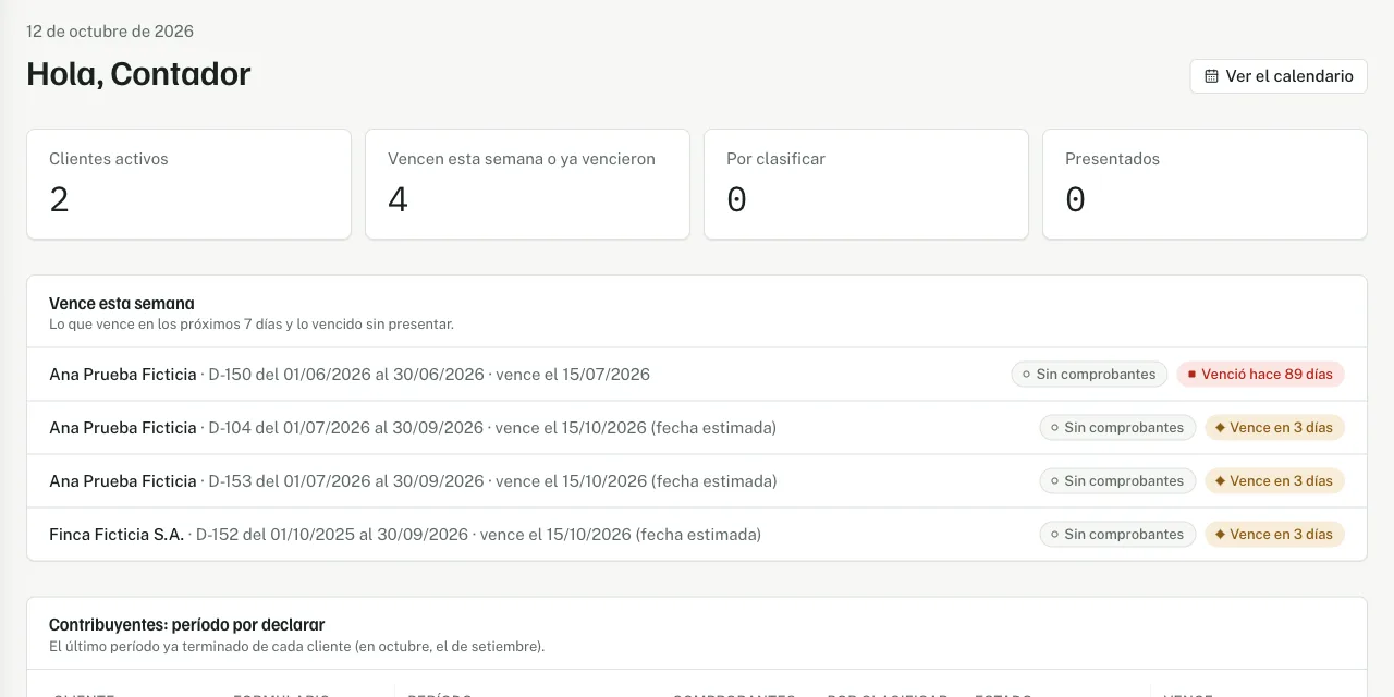 Pantalla Hoy: clientes activos, lo que vence esta semana y el período por declarar de cada cliente