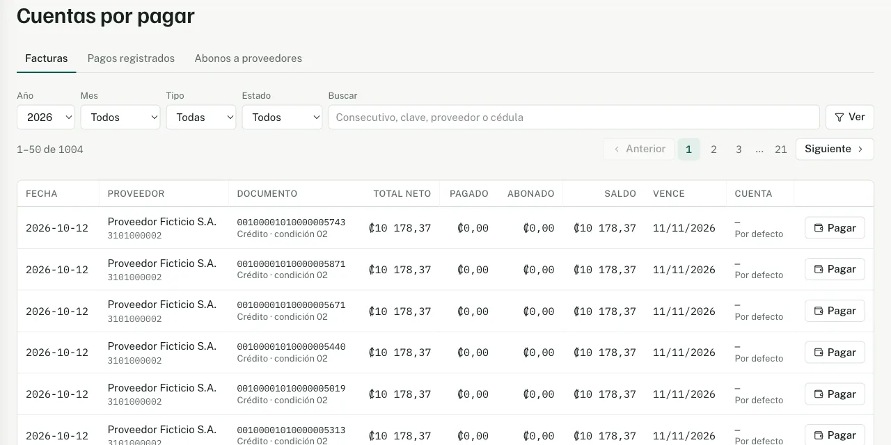 Cuentas por pagar: facturas a crédito con su saldo, vencimiento y botón Pagar
